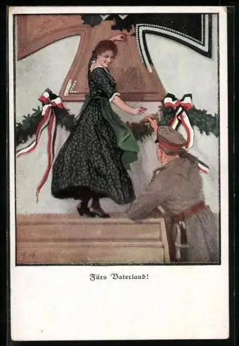 Künstler-AK Brynolf Wennerberg: Fürs Vaterland!, Frau dekoriert ein Eisernes Kreuz an der Wand, Soldat reicht Hammer