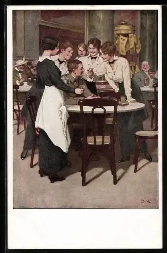 Künstler-AK Brynolf Wennerberg: Der Stammgast, Soldat wird von Serviererinnen umschwärmt