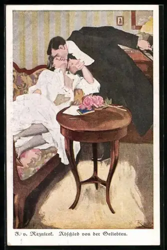 Künstler-AK Ferdinand von Reznicek: Abschied von der Geliebten, Mann küsst auf dem Sofa liegende Frau