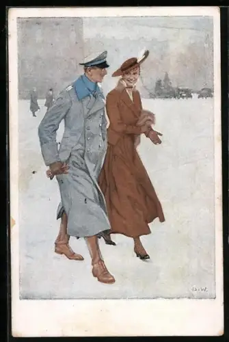 Künstler-AK Brynolf Wennerberg: Renommierbummel, Soldat mit Gattin beim Spaziergang im Schnee