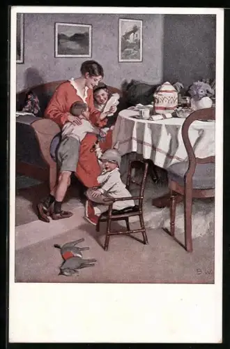 Künstler-AK Brynolf Wennerberg: Gute Nachrichten von der Front, Mutter liest Kindern Feldpost vor