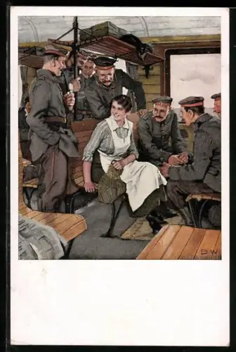 Künstler-AK Brynolf Wennerberg: Urlaubsfahrt, Soldaten flirten mit einem hübschen Dienstmädchen im Zugabteil
