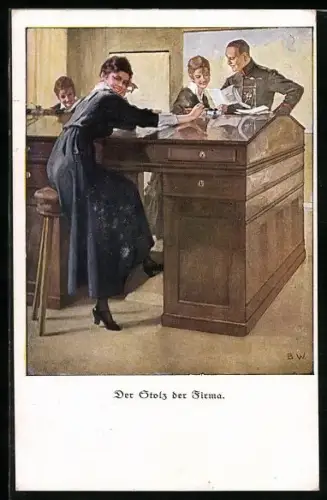 Künstler-AK Brynolf Wennerberg: Bürodamen flirten mit einem Offizier in der Firma