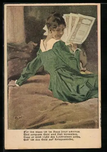 Künstler-AK Brynolf Wennerberg: Frau eines Soldaten ruft zum Zeichnen von Kriegsanleihen auf
