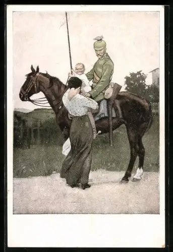 Künstler-AK Brynolf Wennerberg: Abschied, weinende Frau & lachender Sohn mit dem Vater zu Pferde
