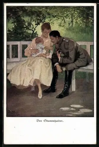 Künstler-AK Brynolf Wennerberg: Der Stammhalter, Eltern mit Neugeborenen auf der Bank