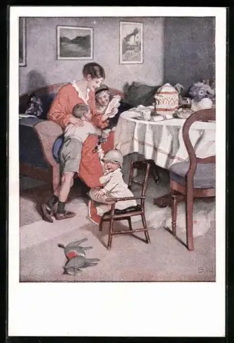 Künstler-AK Brynolf Wennerberg: Kriegspostkarte Nr. 9, Gute Nachrichten von der Front, Mutter liest den Brief vor