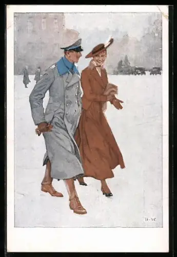 Künstler-AK Brynolf Wennerberg: Renommierbummel, Soldat mit Gattin beim Spaziergang im Schnee