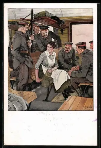Künstler-AK Brynolf Wennerberg: Urlaubsfahrt, Soldaten flirten mit einem hübschen Dienstmädchen im Zugabteil