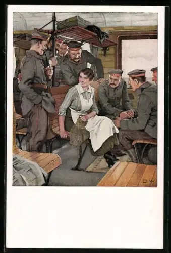 Künstler-AK Brynolf Wennerberg: Urlaubsfahrt, Soldaten flirten mit einem hübschen Dienstmädchen im Zugabteil