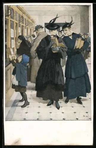 Künstler-AK Brynolf Wennerberg: Elegante Frauen schicken ihren Männern im Felde Liebesgaben