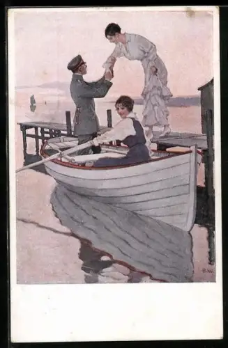 Künstler-AK Brynolf Wennerberg: Heimaturlaub, Soldat geleitet Frau in Ruderboot, eine andere sitzt schon drin