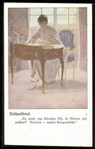 Künstler-AK Brynolf Wennerberg: Frau schreibt einen Brief an ihren Mann über die Kriegsanleihe
