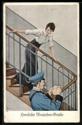 Künstler-AK Brynolf Wennerberg: Junge Frau wartet auf Feldpost vom Briefträger