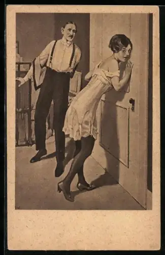 Künstler-AK Brynolf Wennerberg: Frau in Unterwäsche lehnt an einer Tür