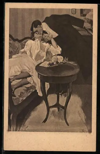 Künstler-AK Ferdinand von Reznicek: elegant gekleideter Herr küsst seine auf dem Sofa liegende Frau