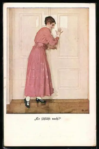 Künstler-AK Brynolf Wennerberg: Er schläft noch, Ehefrau horcht an der Tür