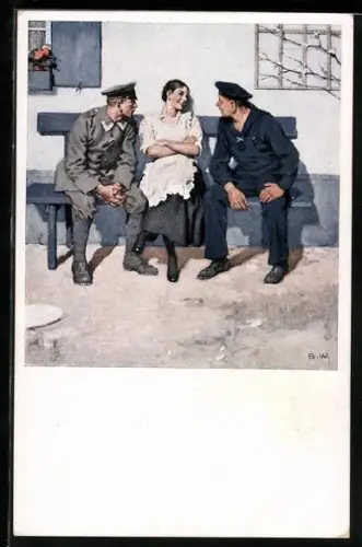 Künstler-AK Brynolf Wennerberg: Nr.16 Geplänkel, Zwei Soldaten umwerben ein Mädchen