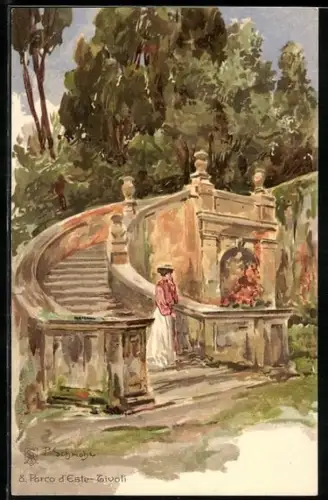 Künstler-AK P. Schmohl: Tivoli, Parco d`Este, Dame geht im Park spazieren
