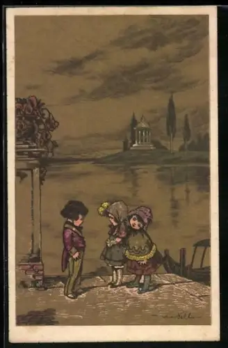 Künstler-AK Castelli: Kinder stehen an einem See