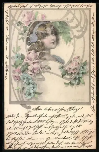 Künstler-AK R. Kratky: Frauenporträt gerahmt von Rosen, Jugendstil