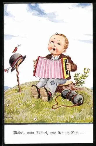 Künstler-AK Kleiner Junge spielt Akkordeon im Grünen