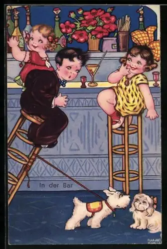 Künstler-AK Margret Boriss: Kinder mit Hunden in einer Bar