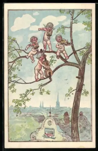 Künstler-AK F.Gareis: Streichquartett, vier kleine Engel sitzen im Geäst und spielen Geige und Kontrabass