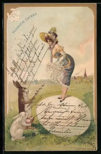 Künstler-AK Richard Hegedüs-Geiger: Dame steht auf einem riesigen Osterei