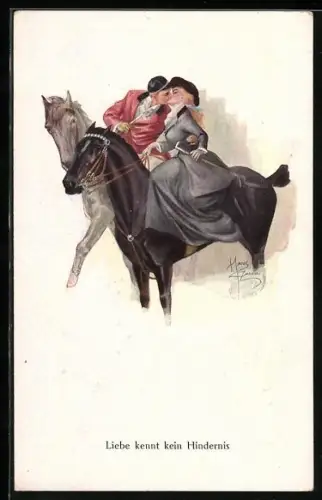 Künstler-AK H. Zahl: Paar küsst sich im Sattel