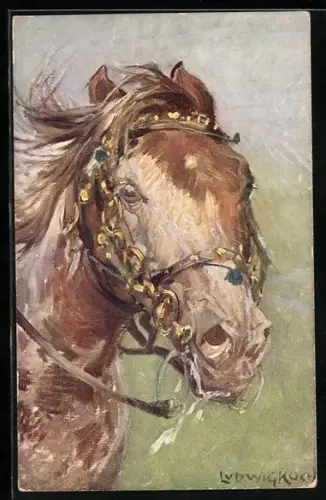 Künstler-AK Ludwig Koch: Pferdekopf mit goldenem Geschirr