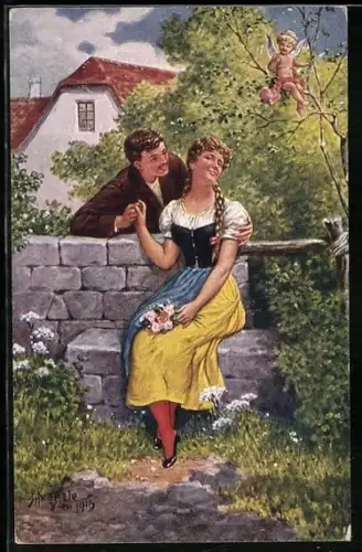 Künstler-AK Kränzle: Liebeswerben, Amor beobachtet ein junges Paar