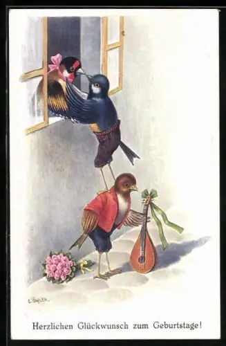 Künstler-AK C. Öhler: Vögel mit Laute bei Vogelweibchen am Fenster