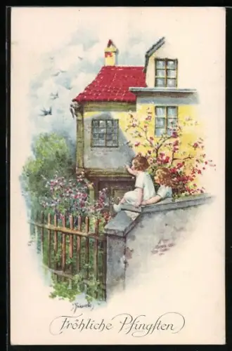 Künstler-AK Kränzle: Kinder beobachten nistende Schwalben