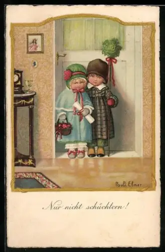 Künstler-AK Pauli Ebner: Kinder zu Besuch, Nur nicht schüchtern
