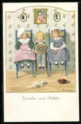 Künstler-AK Pauli Ebner: Junge sitzt mit Blumenstrauss zwischen zwei Mädchen, Katze