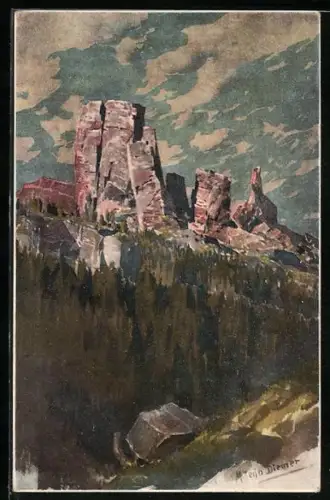 Künstler-AK Zeno Diemer: Dolomiten, Dolomitengruppe unter wolkigem Himmel