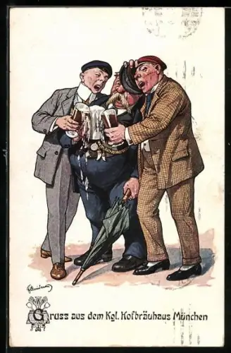 Künstler-AK Fritz Quidenus: München, Kgl. Hofbräuhaus, Drei betrunkene Studenten