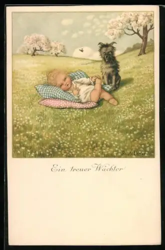 Künstler-AK Pauli Ebner: Hund bewacht ein Kleinkind auf einer Wiese