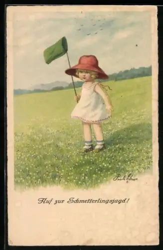 Künstler-AK Pauli Ebner: Kleines Mädchen auf Schmetterlingsjagd