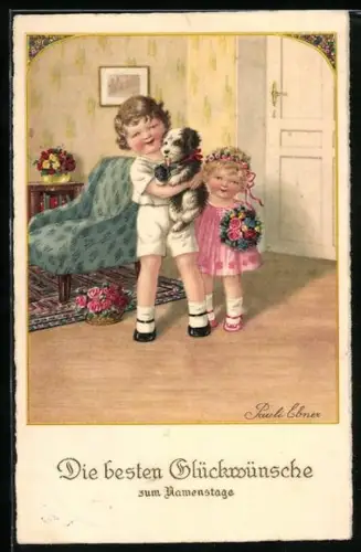 Künstler-AK Pauli Ebner: Zwei Kinder mit einem Hund