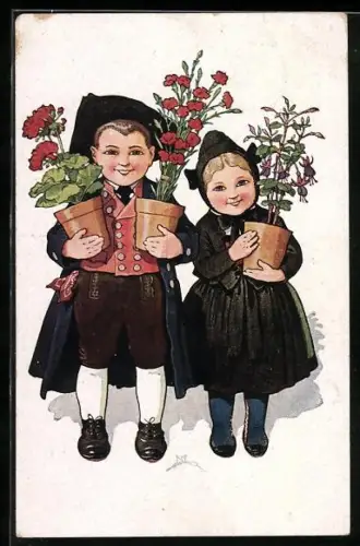 Künstler-AK P. O. Engelhard (P.O.E.): Kinder in Trachten mit Blumentöpfen