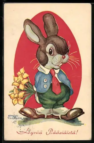 Künstler-AK Arnold Tilgmann: Osterhase mit Narzissenstrauss
