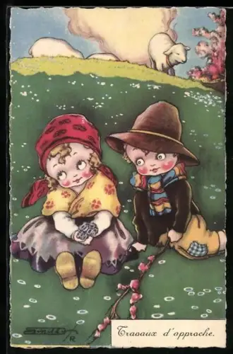 Künstler-AK Roberto Sgrilli: Kinder und Lamm auf einer Wiese