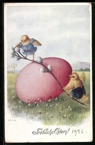 Künstler-AK C. Öhler: Osterküken wippen auf einem Osterei