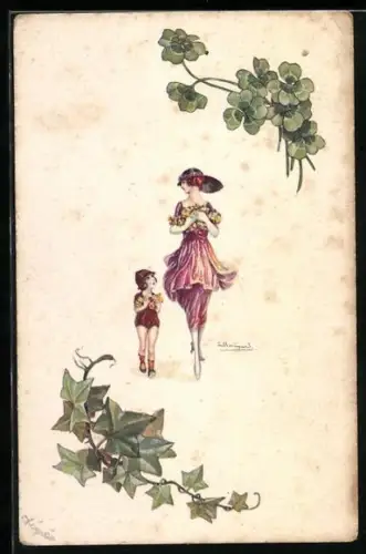 Künstler-AK Sergio Bompard: Dame und Kind gerahmt von Efeu und Kleeblättern