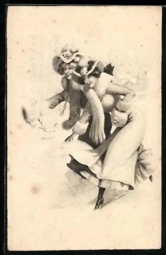 Künstler-AK W. Braun: Lachende Damen in Wintermänteln