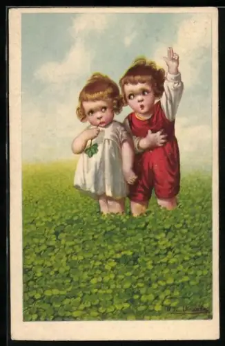 Künstler-AK Wally Fialkowska: Zwei Kinder auf einer Klee-Wiese