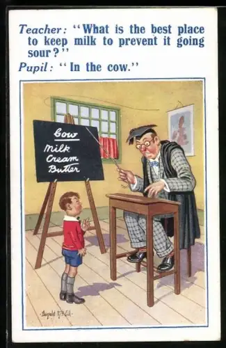 Künstler-AK Donald McGill: Lehrer stellt seinem Schüler Fragen