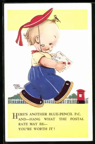 Künstler-AK Mabel Lucie Attwell: Kind bringt eine Postkarte zum Briefkasten